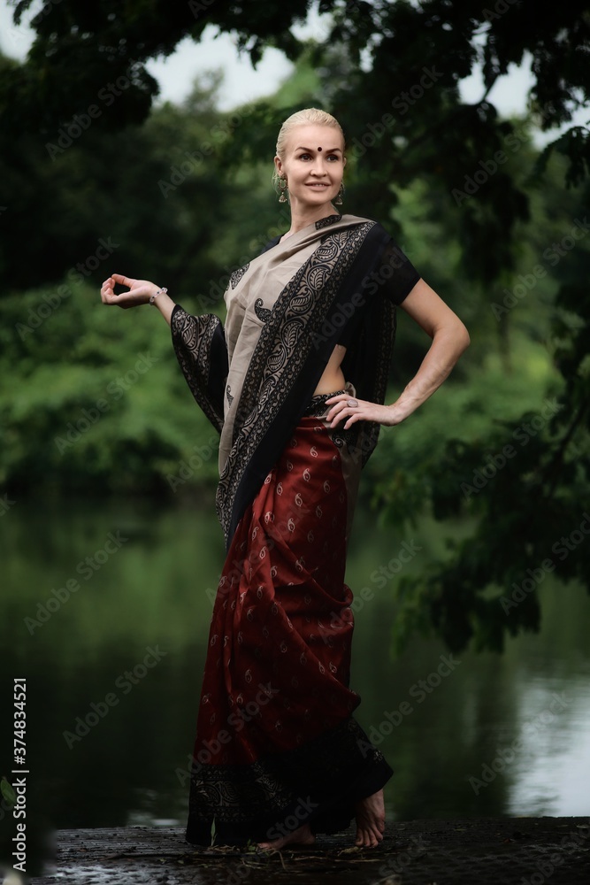 young woman in a red dress