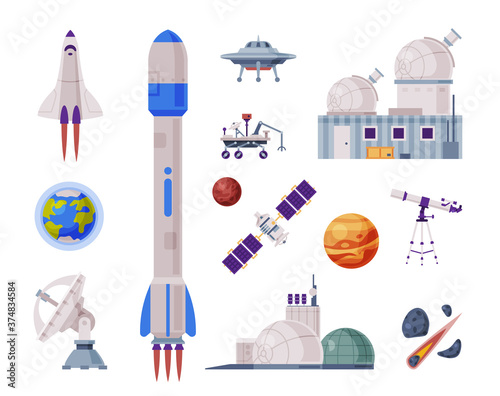 Space Objects Set, Rocket, Shuttle, Rover, Artificial Satellite, Observatory, Space Industry Concept Vector Illustration