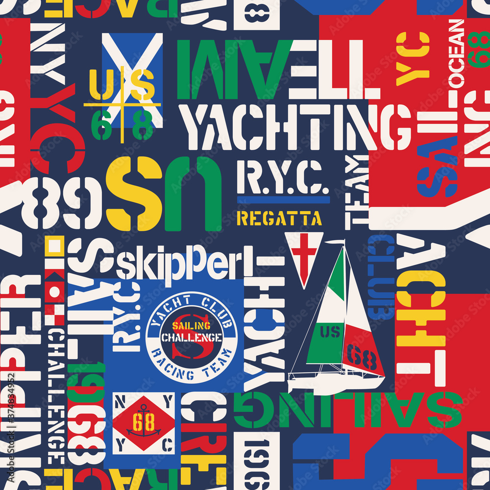 Naklejka premium Nautical style yacht sailing elements wallpaper abstract vector seamless pattern 