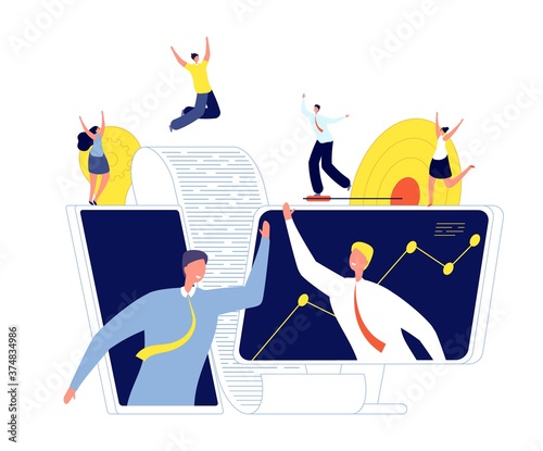 Online business agreement. Startup investors, conclusion deal and partnership. Man handshake, new teamwork technology vector illustration. Business agreement online, internet deal contract