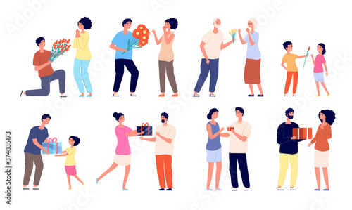 Man giving flowers. Couple bouquet, happy woman get gift. Young old men with valentine day or birthday present, romantic vector illustration. Couple people dating, happy relationship surprised