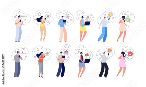 Customer feedback. People survey, opinion services or online tips. Isolated woman man give rating, testimonial or review vector illustration. Feedback survey opinion, quality service