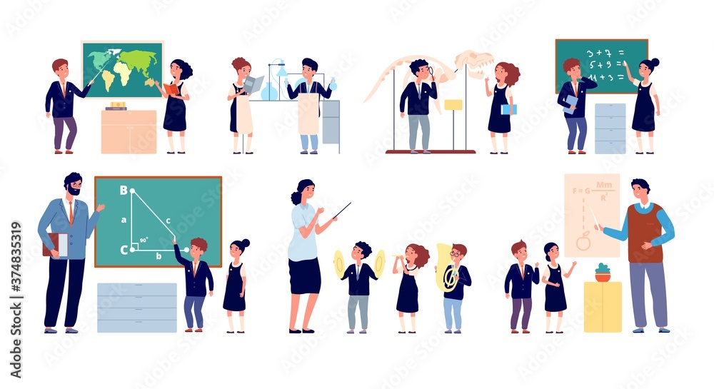 Lesson with teacher. Children classroom, happy school teaching. Cute kids group blackboard, isolated music pupils vector illustration. Music geometry and physics classroom, kindergarten class lesson