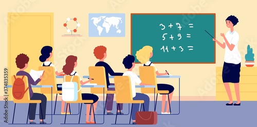 Children in classroom. School teacher, boy girl on lesson in room. Math teaching, science and environment education vector illustration. Classroom education school, class boy and girl