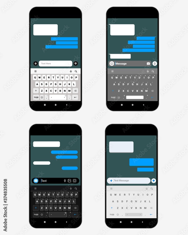 Text message box on smartphone screen with qwerty keyboard. Mobile phone chatting sms empty dialog bubbles template. Illustration vector Text message box on smartphone screen with qwerty keyboard. Mobile phone chatting sms empty dialog bubbles template. Illustration vector