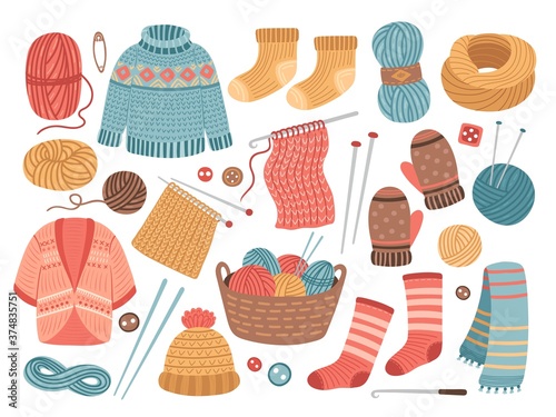 Winter knit clothes. Knitting hobby, wool cloth cardigan sweater. Cute knitted scarf, isolated warm crochet hat jacket vector illustration. Winter hat and clothes, scarf warm, clothing seasonal