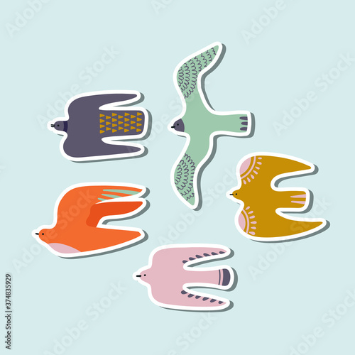 Collection of cartoon stickers with flying birds. Hawk, dove, duck, gull isolated on light blue backdrop. Hand drawn flock of birds. Flat vector illustration for logo, web, apps, t-shirt design, cards