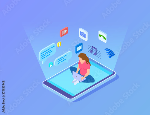 Modern entertainment. Innovative digital center, girl use smartphone and laptop. Isometric multimedia or social network connect vector illustration. Gadget app media, information messenger