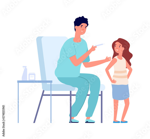 Pediatrician check up. Coronavirus vaccination child, flu or viruses prevention. Girl and medical nurse vector illustration. Medical pediatrician injection, hospital doctor