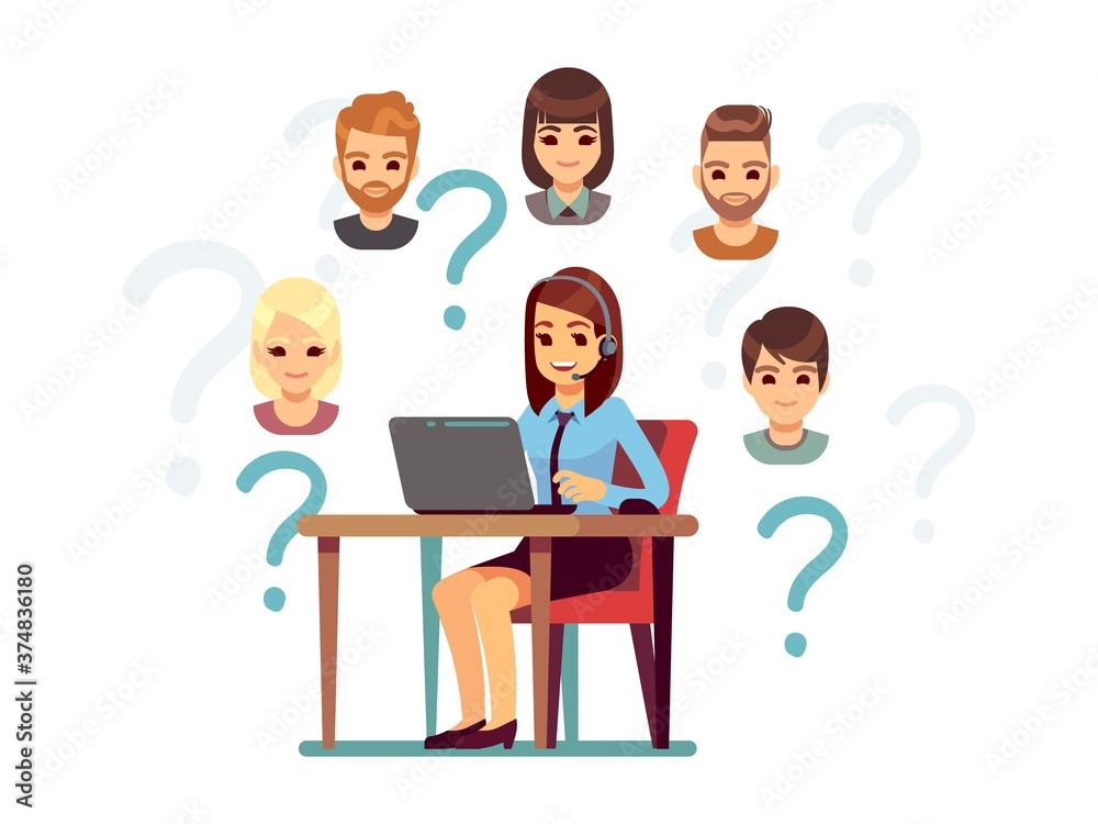 Client support. Call center operator, customers and manager. Woman answered on phone, help center for people vector illustration. Support and help customer, operator communication center