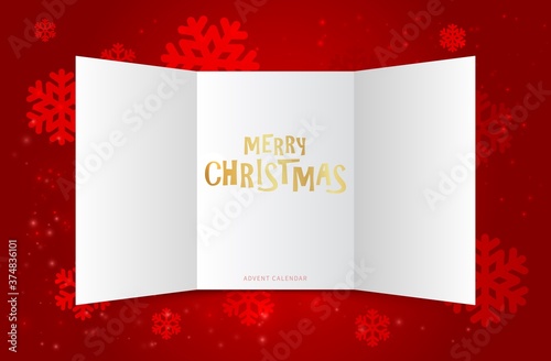 Christmas calendar doors. Advent window, xmas festive present. Blank paper open card or invitation. Winter New Year background snowflakes. December vector illustration. Decoration calendar christmas