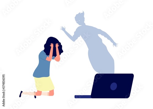 Internet aggression. Cybersecurity, online bullying teenagers. Danger worldwide networks for children, depressed girl vector illustration. Aggressive cyberspace conflict, web attack