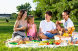 Smiling friendly family with children gaily spending time together at picnic