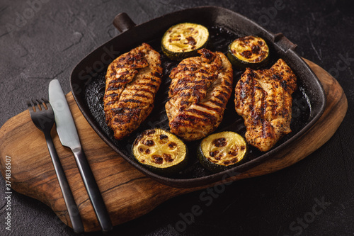 Grilled chicken breasts and zucchini.