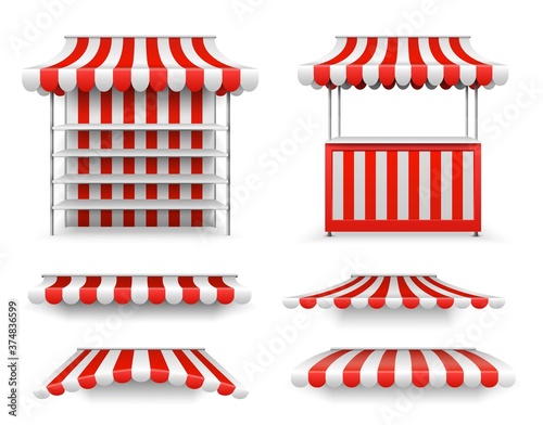 Open air stalls. Market stand mockup, isolated realistic empty vendors. Sunshade, 3d tents or roof for grocery counter. Street fair kiosk vector illustration. Stall and stand for sell street