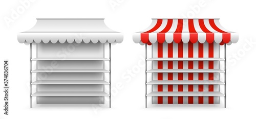 Shop stall mockup. Isolated 3d market awning, fair vendor. Realistic empty stand with shelves, street kiosk or storefront. Grocery counter vector illustration. Stand stall for sell, awning retail
