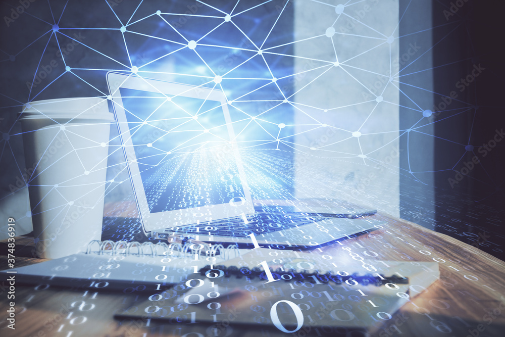 Double exposure of desktop computer and technology theme hologram. Concept of software development. Double exposure of desktop computer and technology theme hologram. Concept of software development.