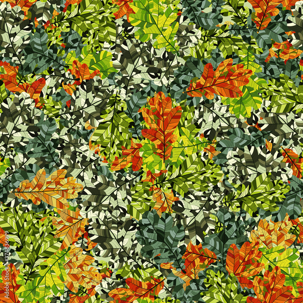 Seamless camouflage of variegated oak leaves. Orange, brown, yellow, green. Seamless camouflage of variegated oak leaves. Orange, brown, yellow, green.