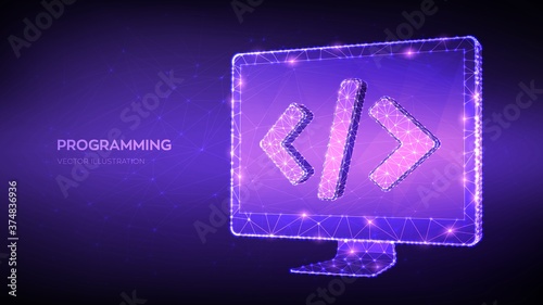 Programming concept. Abstract low polygonal computer monitor with programming code symbol. Coding or Hacker background. Development and software concept. Vector Illustration.