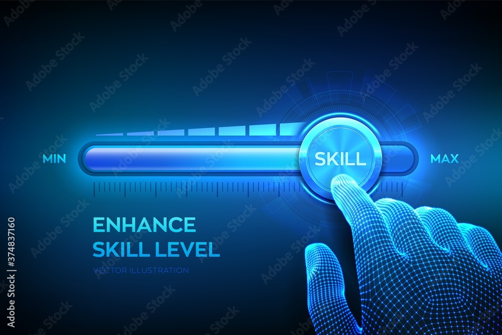 Skill levels growth. Increasing Skills Level. Wireframe hand is pulling up to the maximum position progress bar with the word Skill. Concept of professional or educational knowledge. Vector. EPS10. - obrazy, fototapety, plakaty 