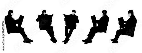 Vector concept conceptual  silhouette men reading the  newspaper while social distancing as means of prevention and protection against coronavirus contamination. A metaphor for the new normal.