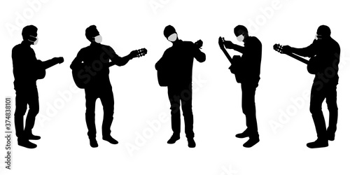 Vector concept conceptual  silhouette men playing the guitare while social distancing as means of prevention and protection against coronavirus contamination. A metaphor for the new normal.