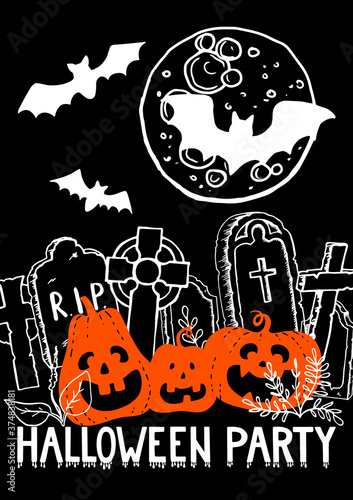 Halloween party vertical poster. Smiling spooky orange pumpkins. Cemetery with headstone gravestone and Celtic cross. Full moon with flying bats. Lettering with blood drops. Stock vector illustration.