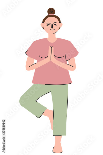 vector graphics isolated on white background.Woman doing yoga,vrikshasana pose.Caring for herself,meditation and mental health.Traditional medicine and healing yoga.Cartoon character young girl.