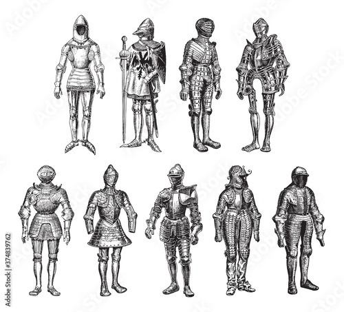 Medieval knight armor collection - vintage engraved vector illustration from Larousse du xxe siècle