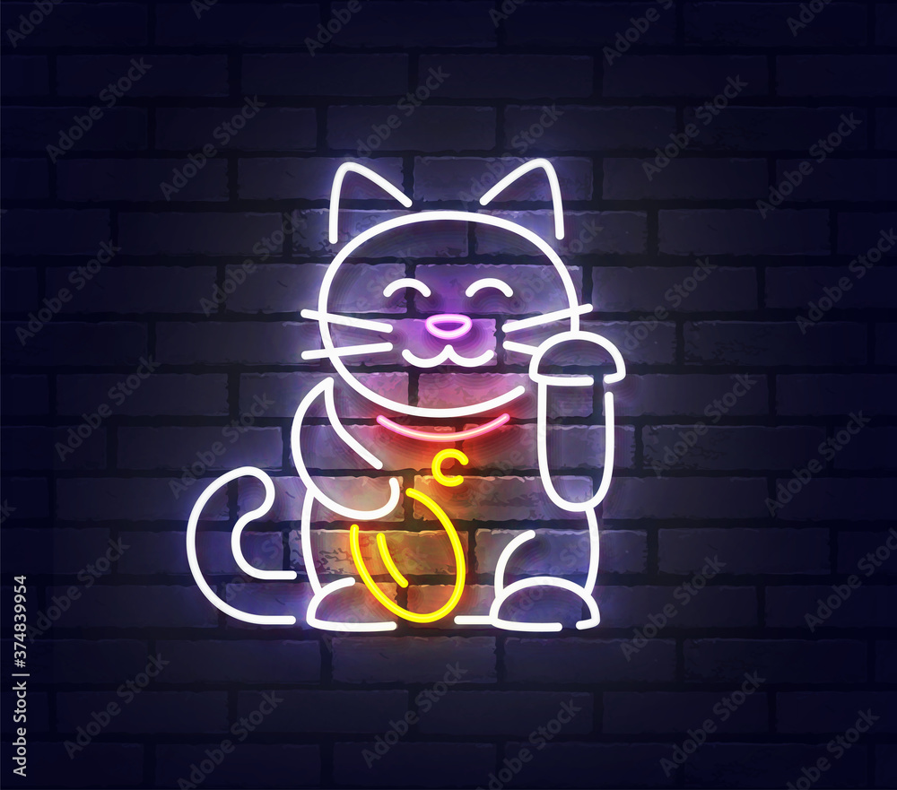 Lucky Cat neon sign, bright signboard, light banner. Japanese Lucky Cat logo neon, emblem. Vector illustration Lucky Cat neon sign, bright signboard, light banner. Japanese Lucky Cat logo neon, emblem. Vector illustration