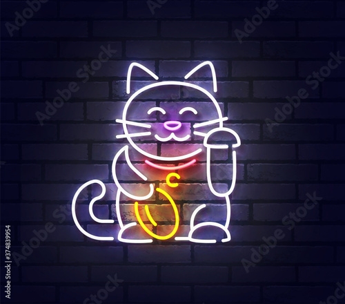 Lucky Cat neon sign, bright signboard, light banner. Japanese Lucky Cat logo neon, emblem. Vector illustration