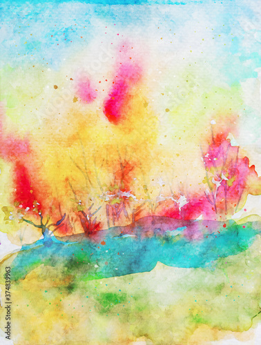 Semi abstract watercolor painting of autumn landscape, trees with colorful leaves in fall season © pomiti