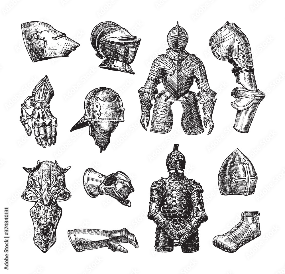Medieval knight armor collection - vintage engraved vector illustration from Larousse du xxe siècle