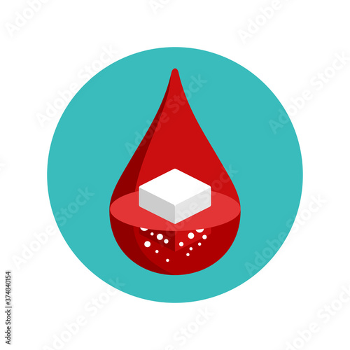 Diabetes icon - sugar cube dissolving inside blood drop - high glucose level sign - isolated vector medical antidiabetic symbol