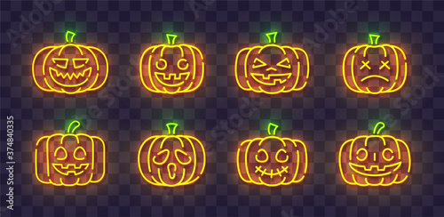 Pumpkin neon sign, bright signboard, light banner. Halloween logo neon, emblem. Vector illustration