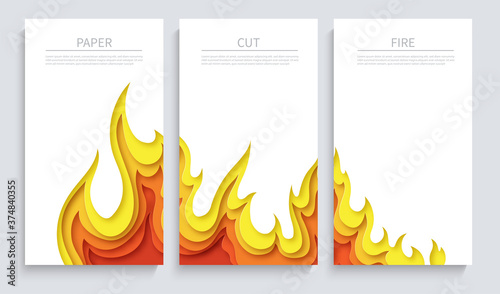 Set of white posters with fire. Layered design in paper style. Place for text. Vector