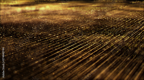 Futuristic digitally generated golden abstract de-focus particles grid motion in cyber space environment background