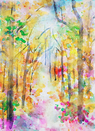 Watercolor painting of autumn landscape, trees in forest with colorful leaves in fall season