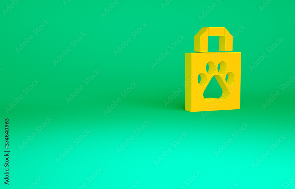 Obraz premium Orange Shopping bag pet icon isolated on green background. Pet shop online. Animal clinic. Minimalism concept. 3d illustration 3D render.