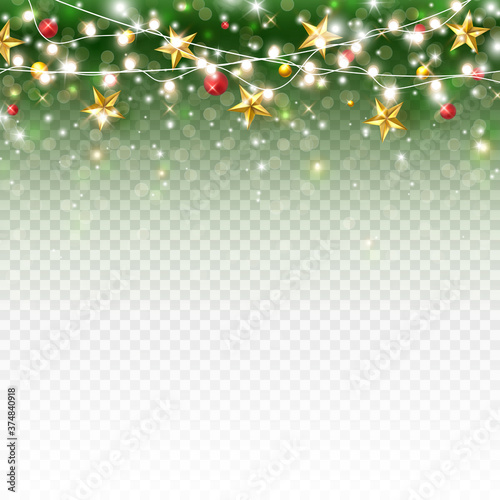 Border with gold stars, xmas lights and red balls isolated on green transparent background. Vector abstract Christmas tree garland banner template