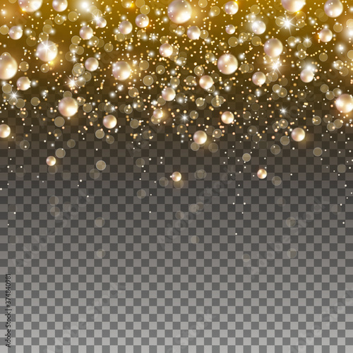 Gold glitter particles and light effect sparks isolated on transparent background. Vector glow golden shimmer confetti texture with pearl glossy beads for Christmas, New Year luxury card design