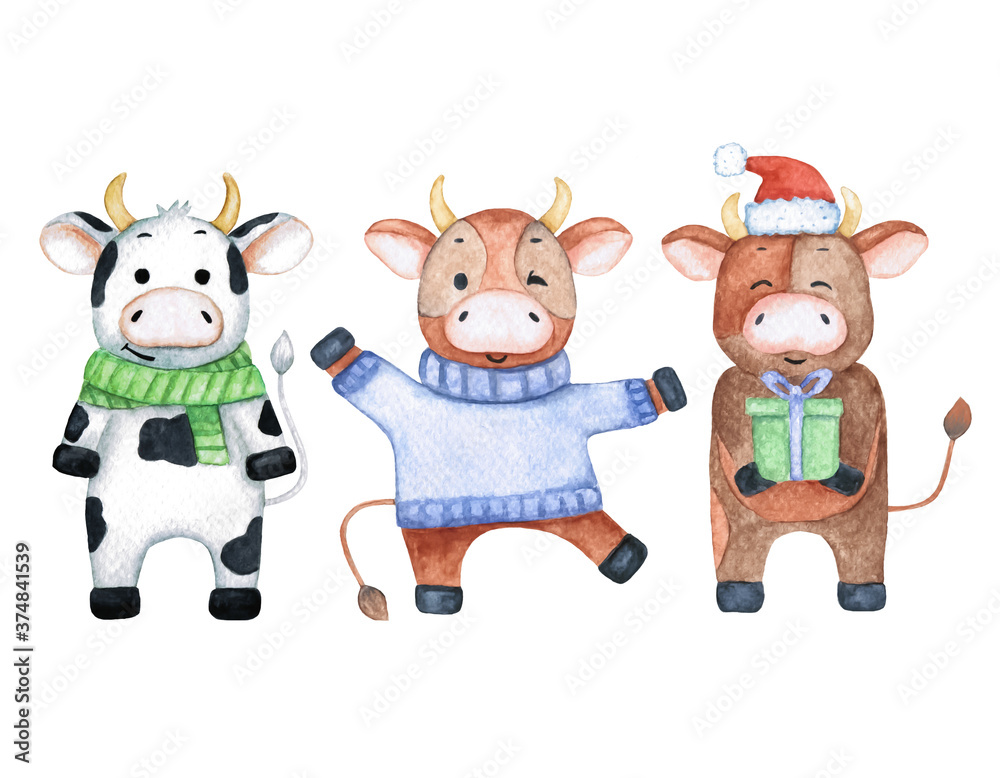 Naklejka premium Watercolor illustration with three funny bulls. Cute animals in winter clothes. Cartoon and childish characters