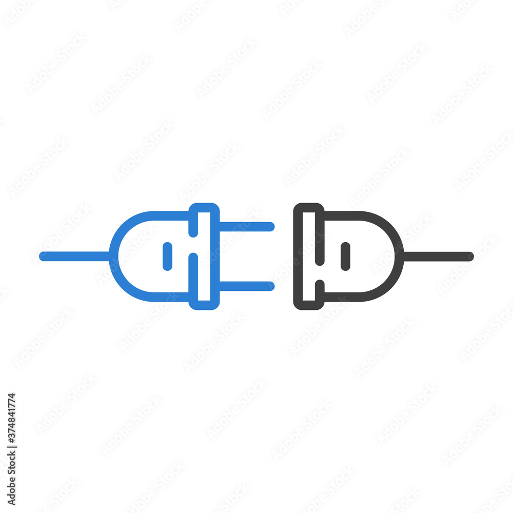 Concepto energía eléctrica. Logotipo lineal enchufe eléctrico con cable y conector en azul y gris Concepto energía eléctrica. Logotipo lineal enchufe eléctrico con cable y conector en azul y gris