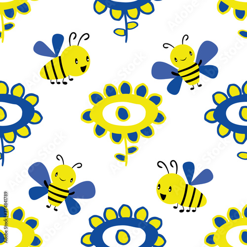Vector childlike drawing of flowers and kawaii style bees seamless pattern background. Simple yellow  cobalt blue scribbled florals and flying fun bugs on white backdrop. All over print for packaging