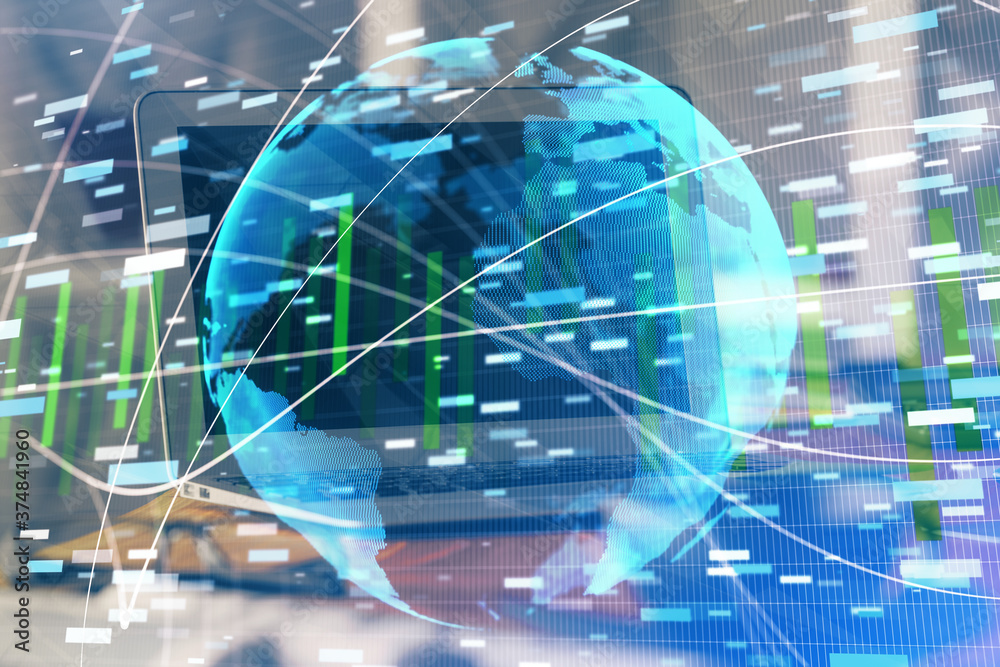 Multi exposure of business theme icons and table with computer background. Concept of success.