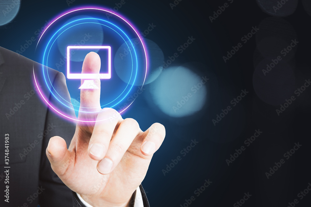 Businessman hand pointing digital computer hologram Businessman hand pointing digital computer hologram