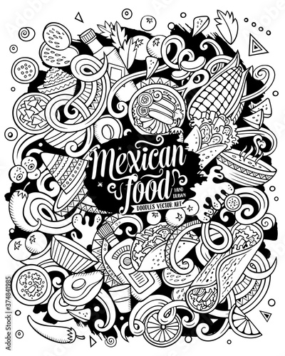 Mexican food hand drawn vector doodles illustration. Cuisine poster design. © balabolka