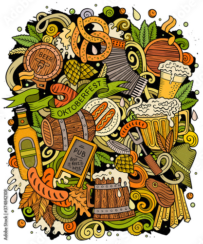 Cartoon vector doodles Beer fest illustration. Oktoberfest funny picture