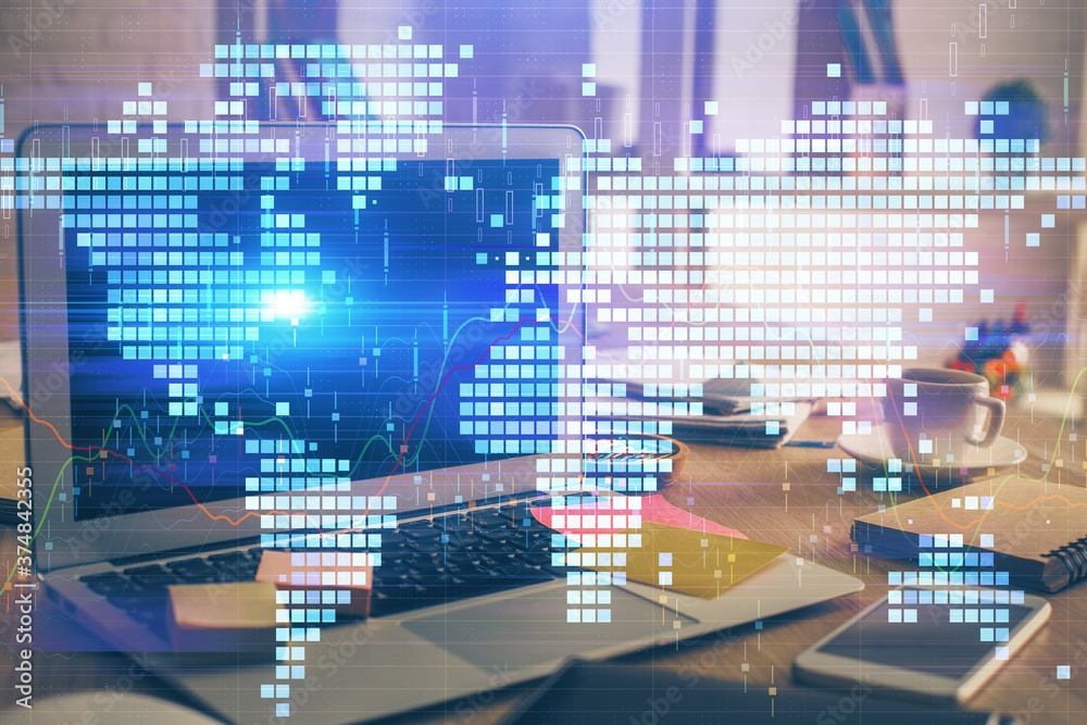 Multi exposure of business theme icons and table with computer background. Concept of success. Multi exposure of business theme icons and table with computer background. Concept of success.