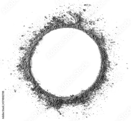 Cigarette ash round frame and border, blank circle isolated on white background, texture top view